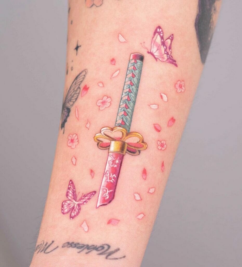 Cherry Blossom Sword Arm Sleeve Tattoo Ideas
