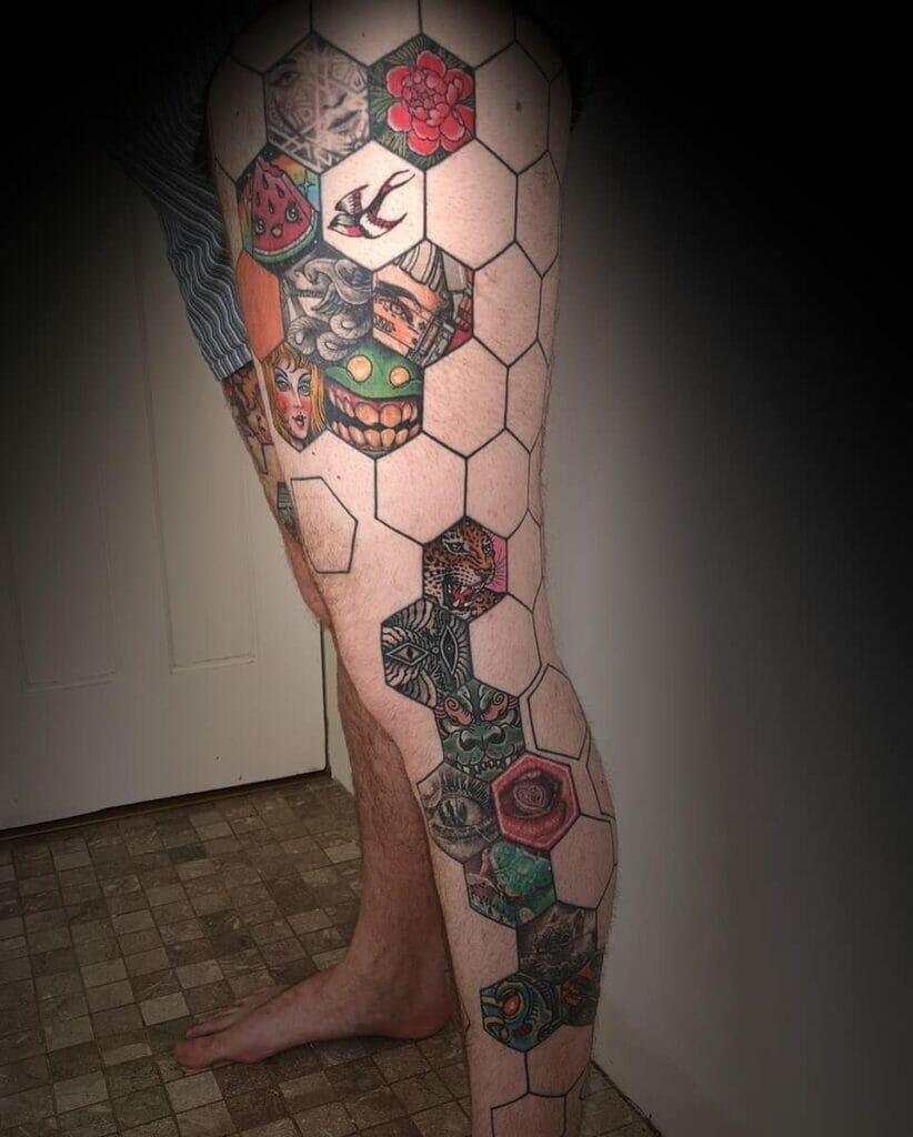 Colorful Hexagon Stencil Tattoo
