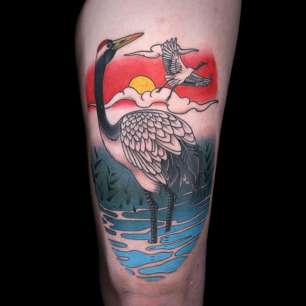 Colourful And Artistic Japanese Crane Tattoo Idea