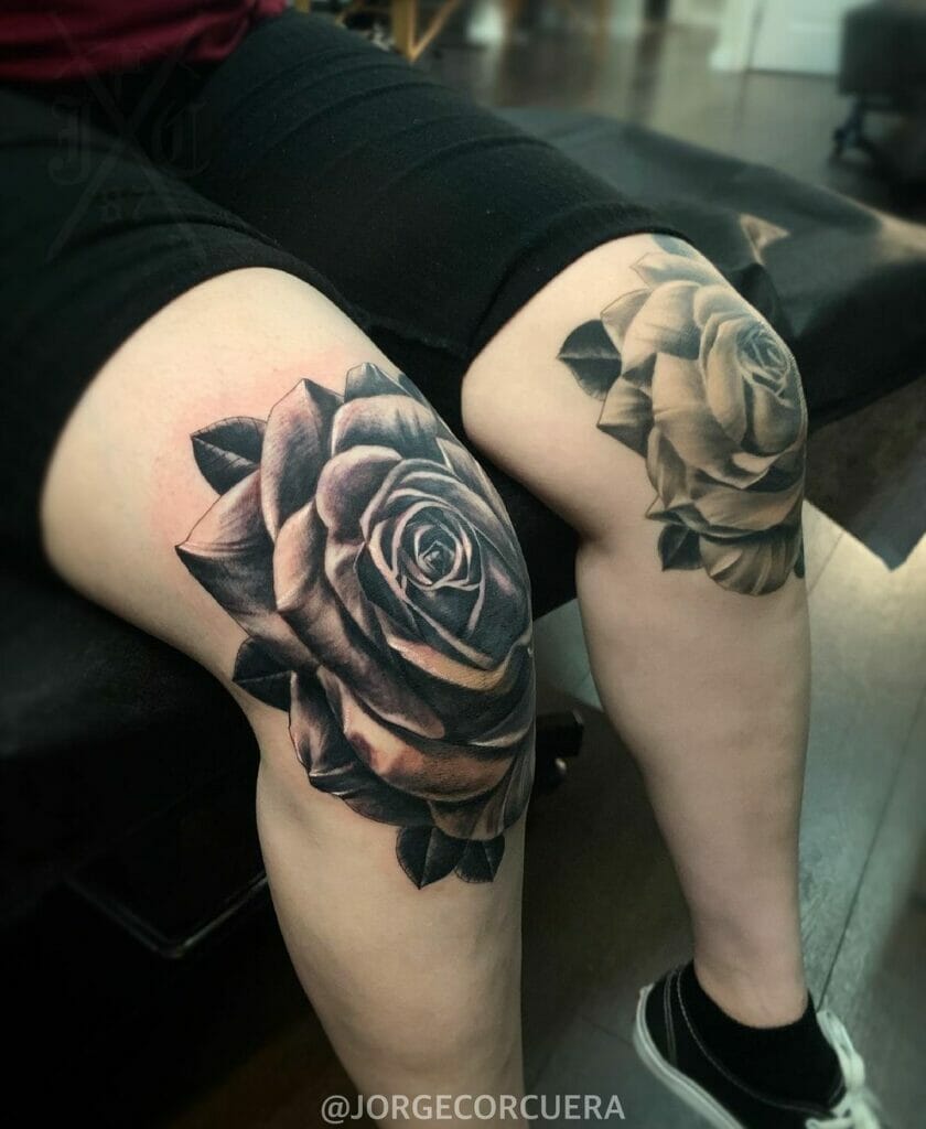 Creative Rose Knee Tattoo With Negative Space