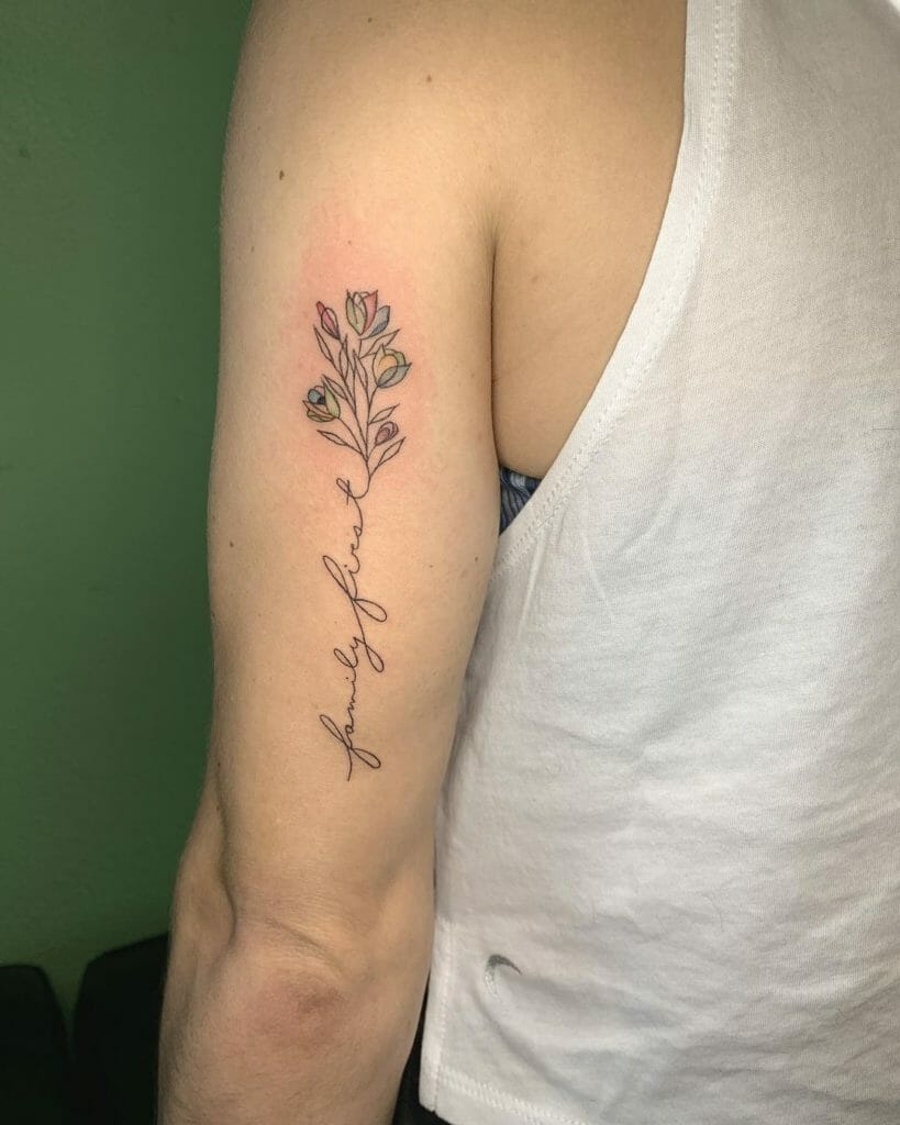 Family First Tattoo With Flowers