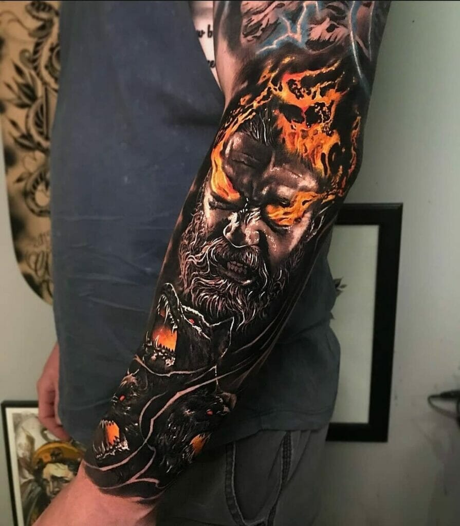 Flaming Hades With Cerberus Tattoo