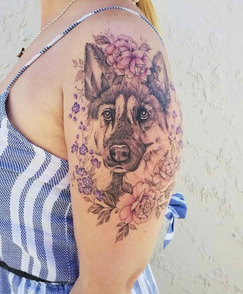 Floral German shepherd tattoo