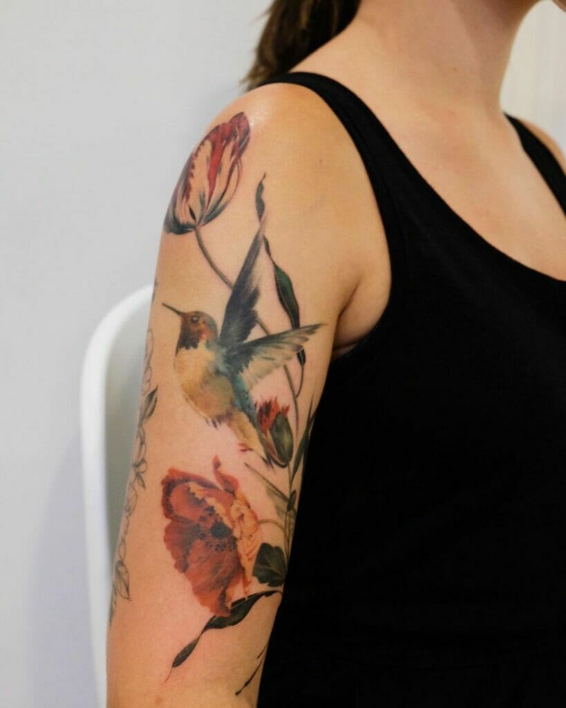 Flowers With A Hummingbird Tattoo