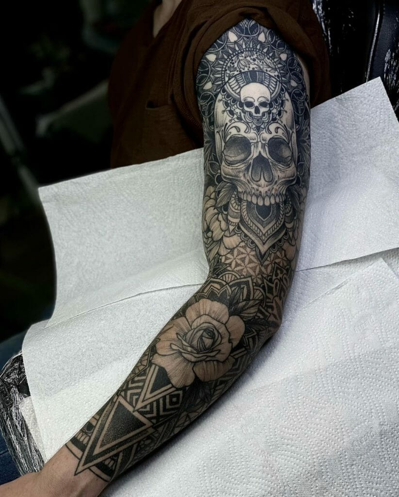 Geometric Full Arm Skull Sleeve Tattoos For Men