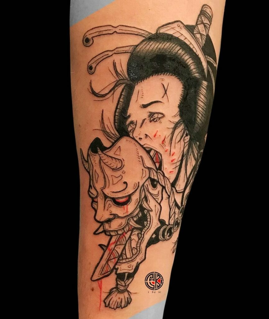 Japanese Demon And Geisha Full Sleeve Tattoo