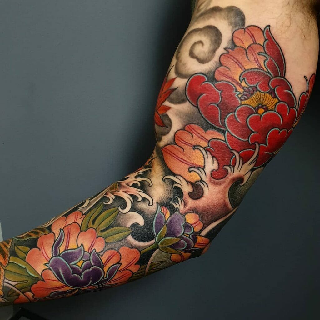 Japanese Full Sleeve Flower Tattoo With Beautiful Colors