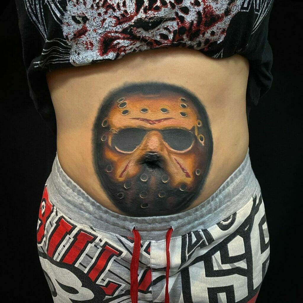 Jason Voorhees Mask Tattoo On Stomach