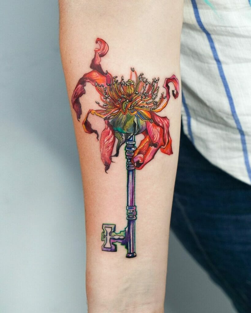 Key Of Flowers Tattoo Art On Forearm