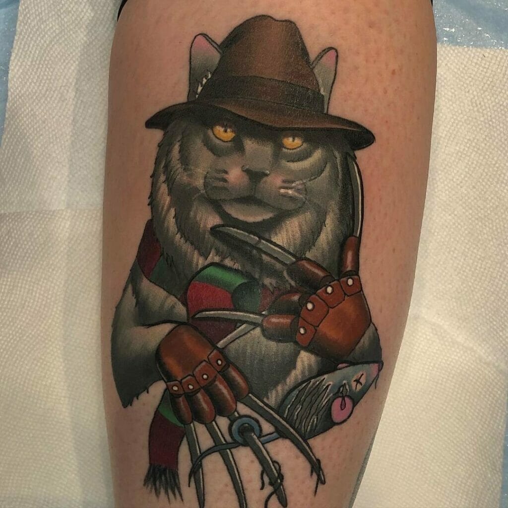 Kitty Themed Freddy Krueger Tattoo On Leg