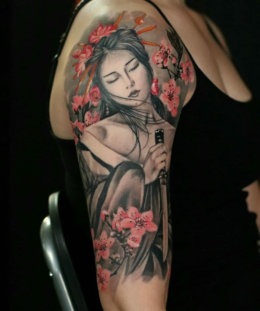 Lovely Geisha Tattoos With Floral Motifs