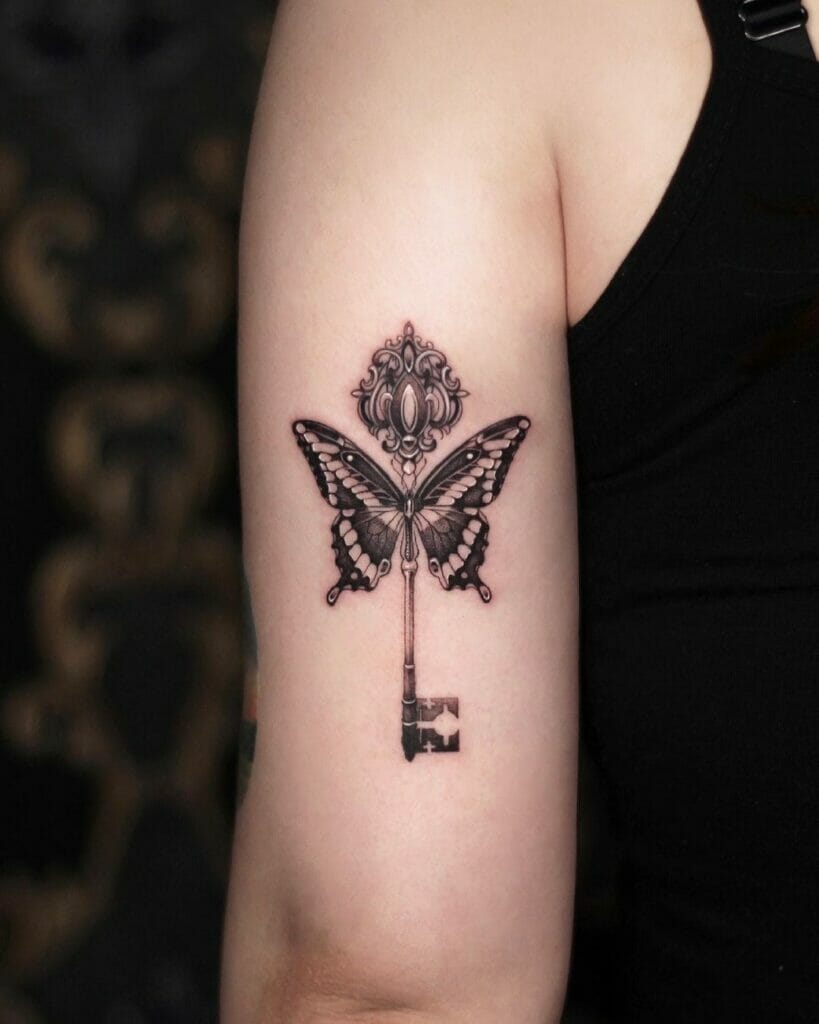 Ornamental Butterfly Key Tattoo Design