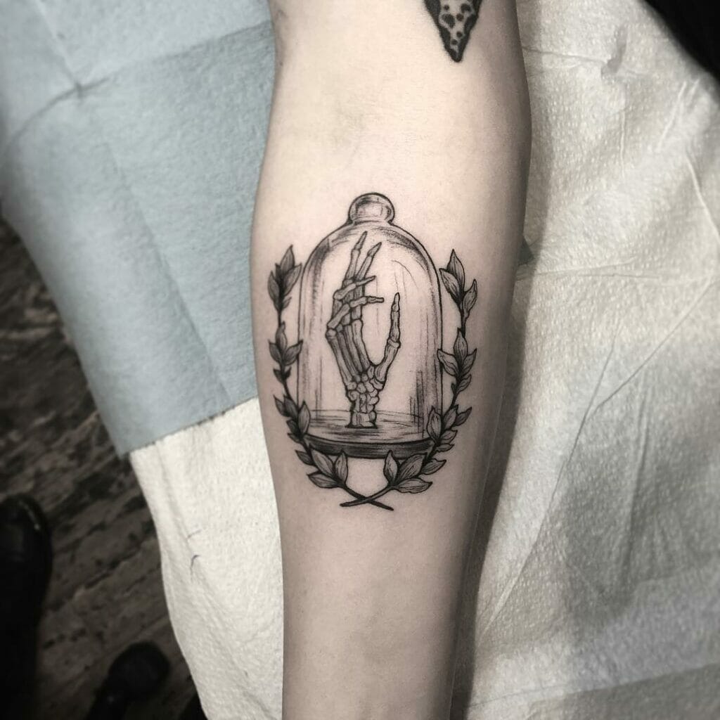 Skeleton Hand Tattoo In A Bell Jar