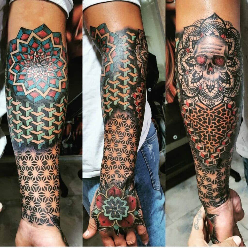 Skull Geometric Sleeve Tattoo