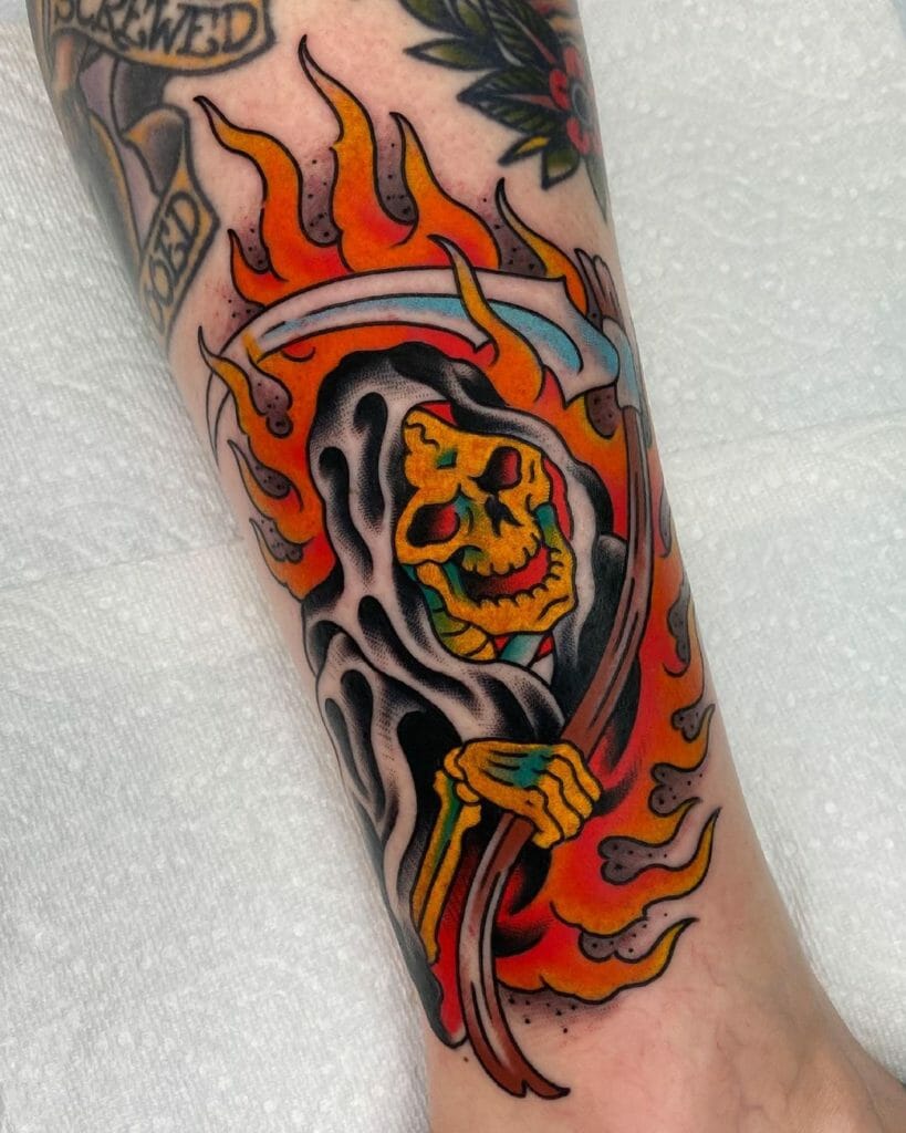 The Fiery Grim Reaper Tattoo On Arm