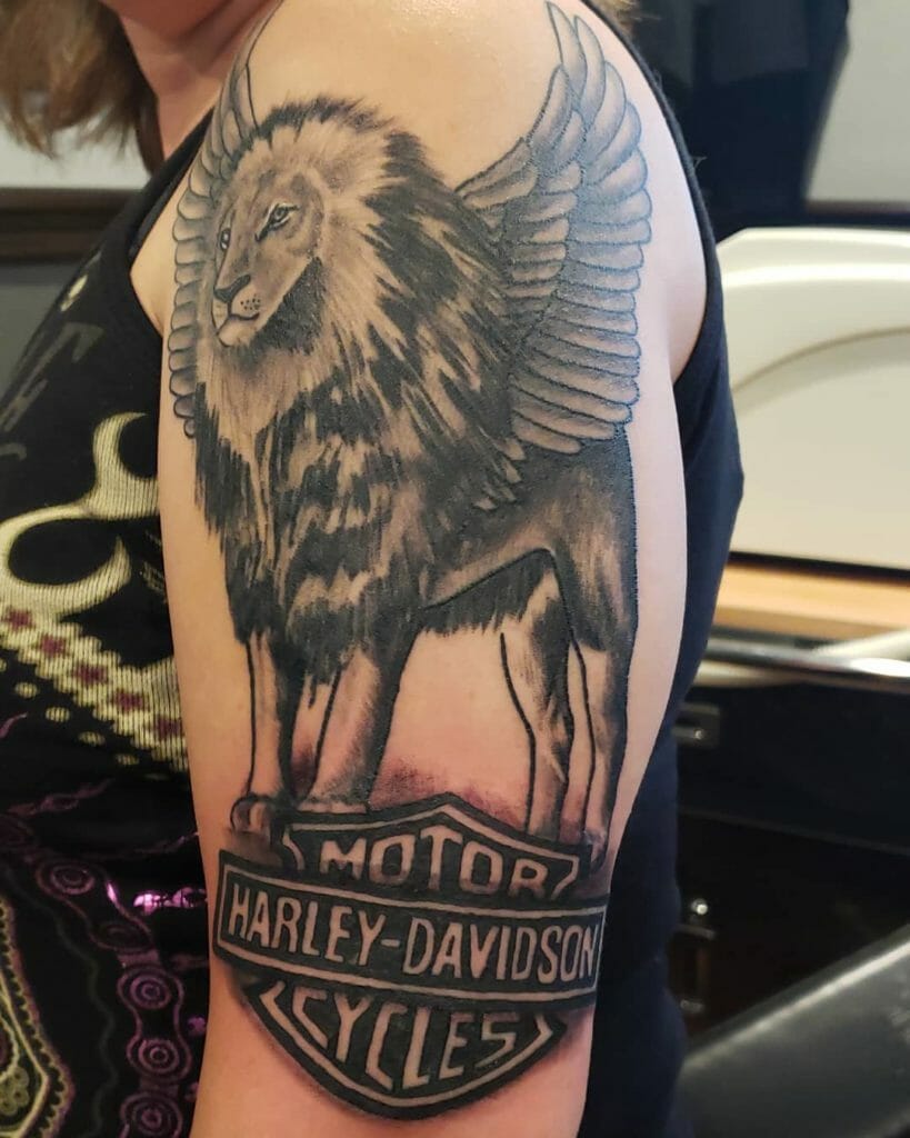 The Roaring Harley Davidson Tattoo And The Winged Lion