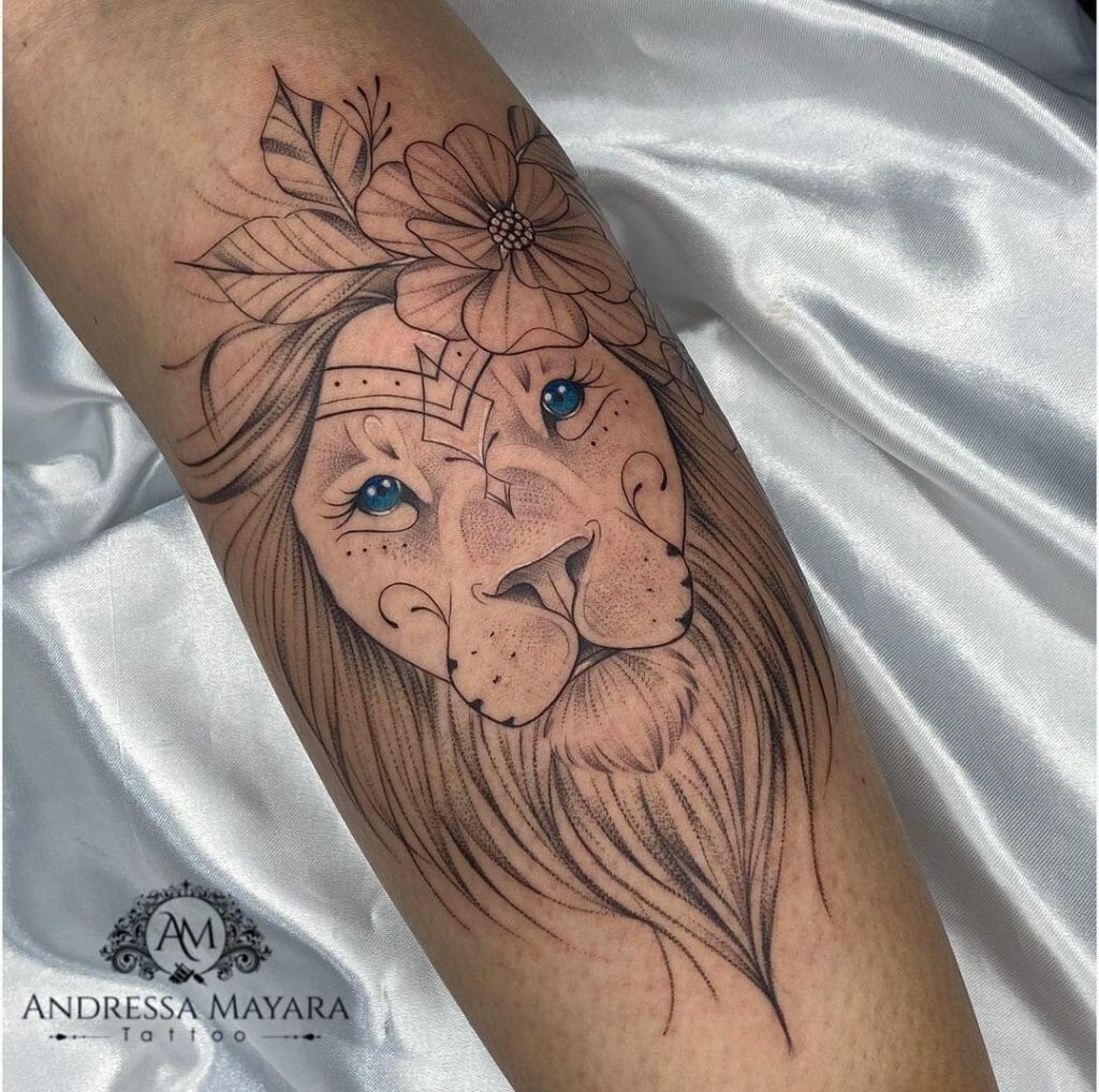 The Roaring Lion And The Flower Tattoo