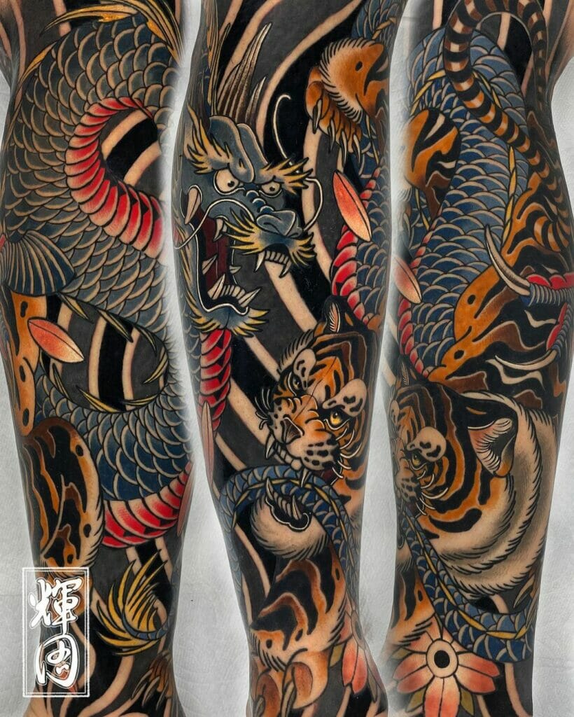 Traditional Arm Sleeve Dragon And Tiger Tattoo Design