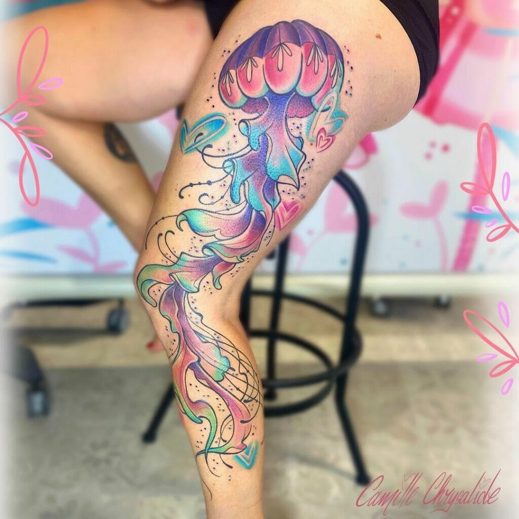 Watercolour Traditional Jellyfish Tattoo Art On Side Leg