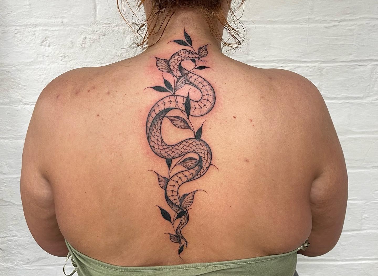 Red snake on the spine! Client sat awesome which allowed for super clean  linework. Was her first tattoo! Thanks for looking. ▪️▪️... | Instagram