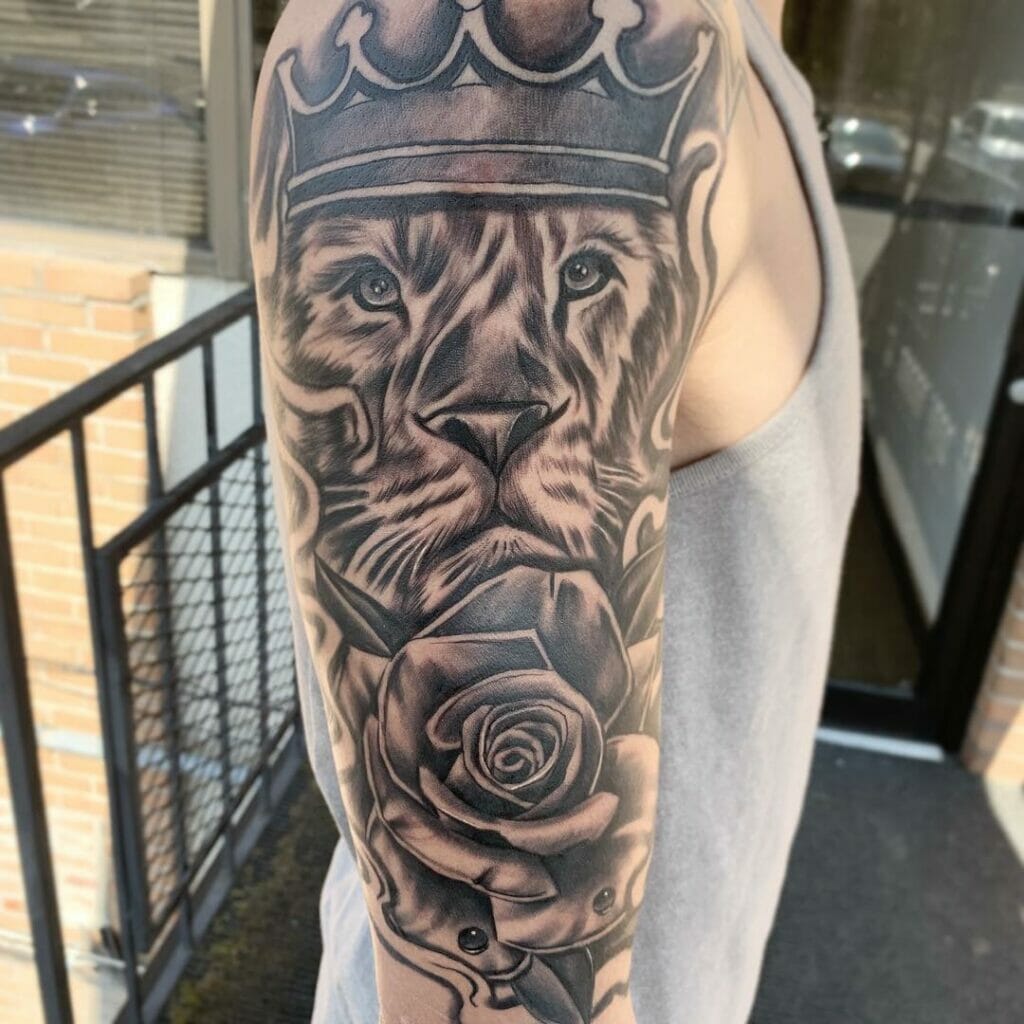 A Crowned Lion With A Rose Tattoo