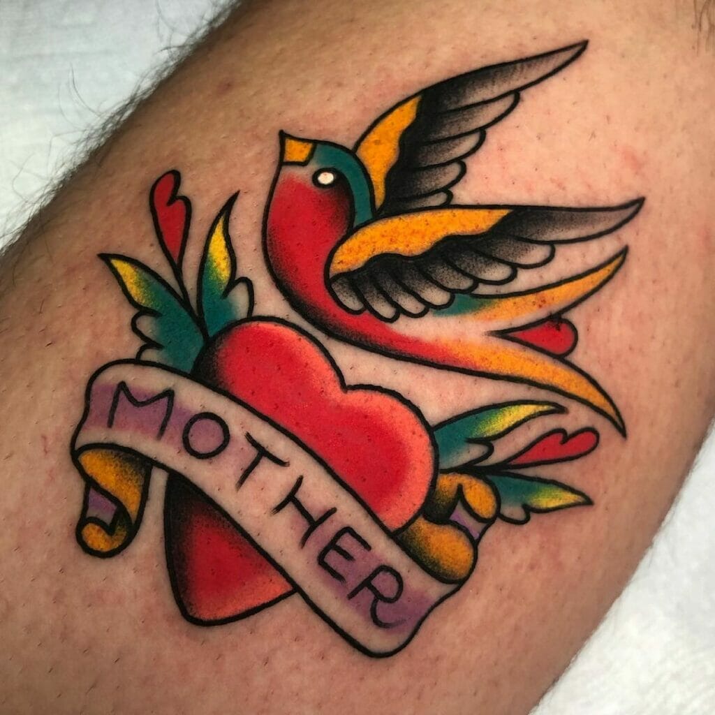 A Heart, A Swallow And Flower For Mom Tattoo