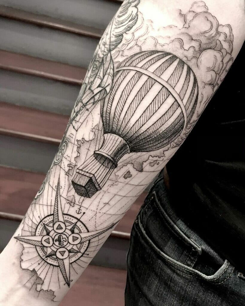 A Map Sketch With Compass Hot Air Balloon Tattoo