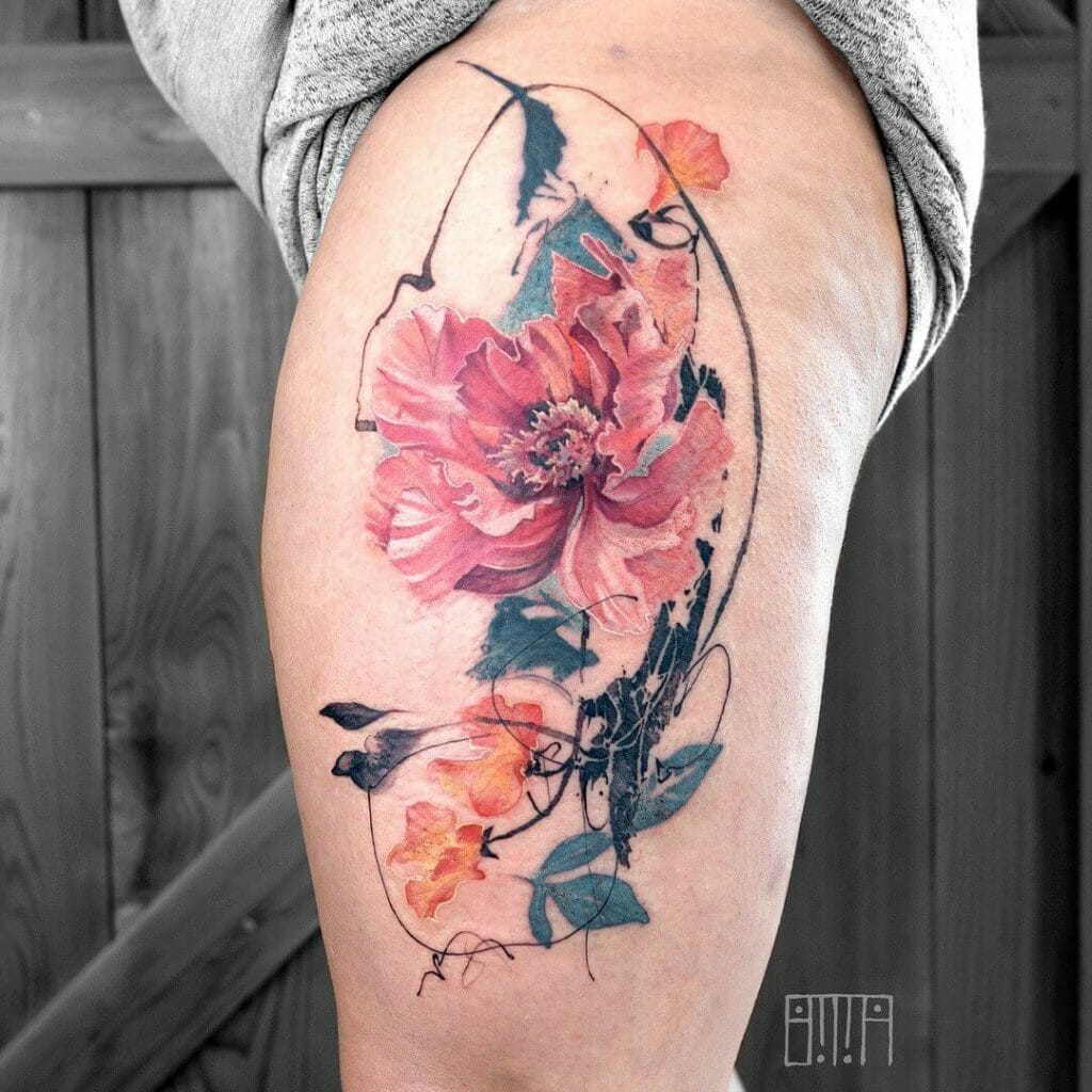 Abstract Sweet Pea Flower Tattoos With Peonies