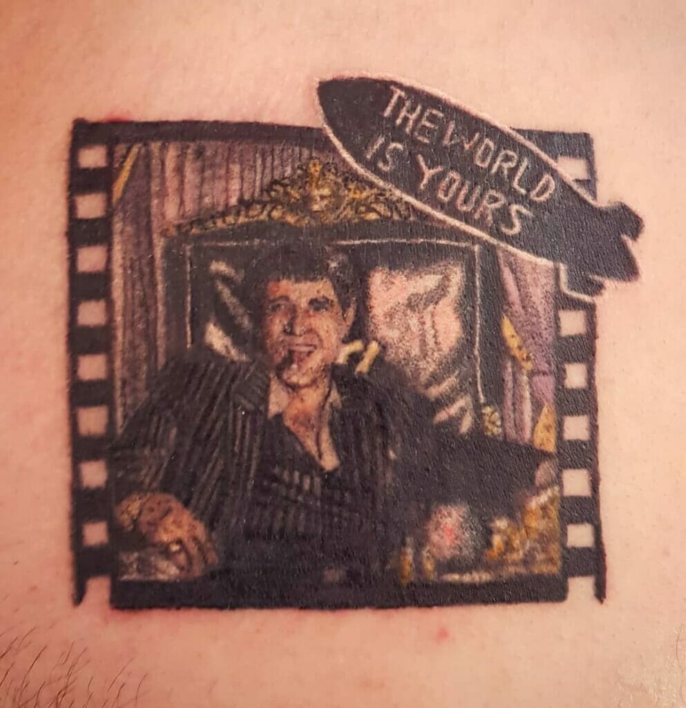 Al Pacino As Tony Montana With The World Is Yours Tattoo