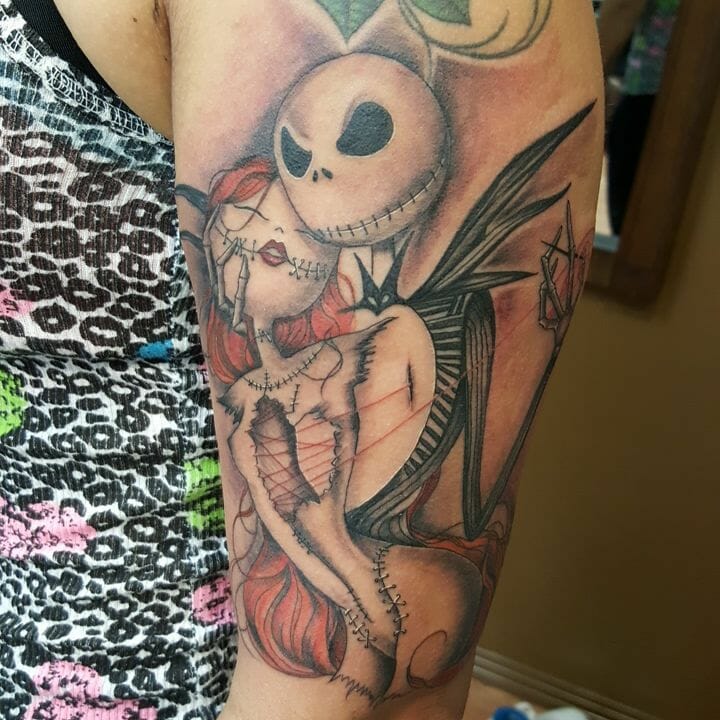 Amazing Jack And Sally Sleeve Tattoo