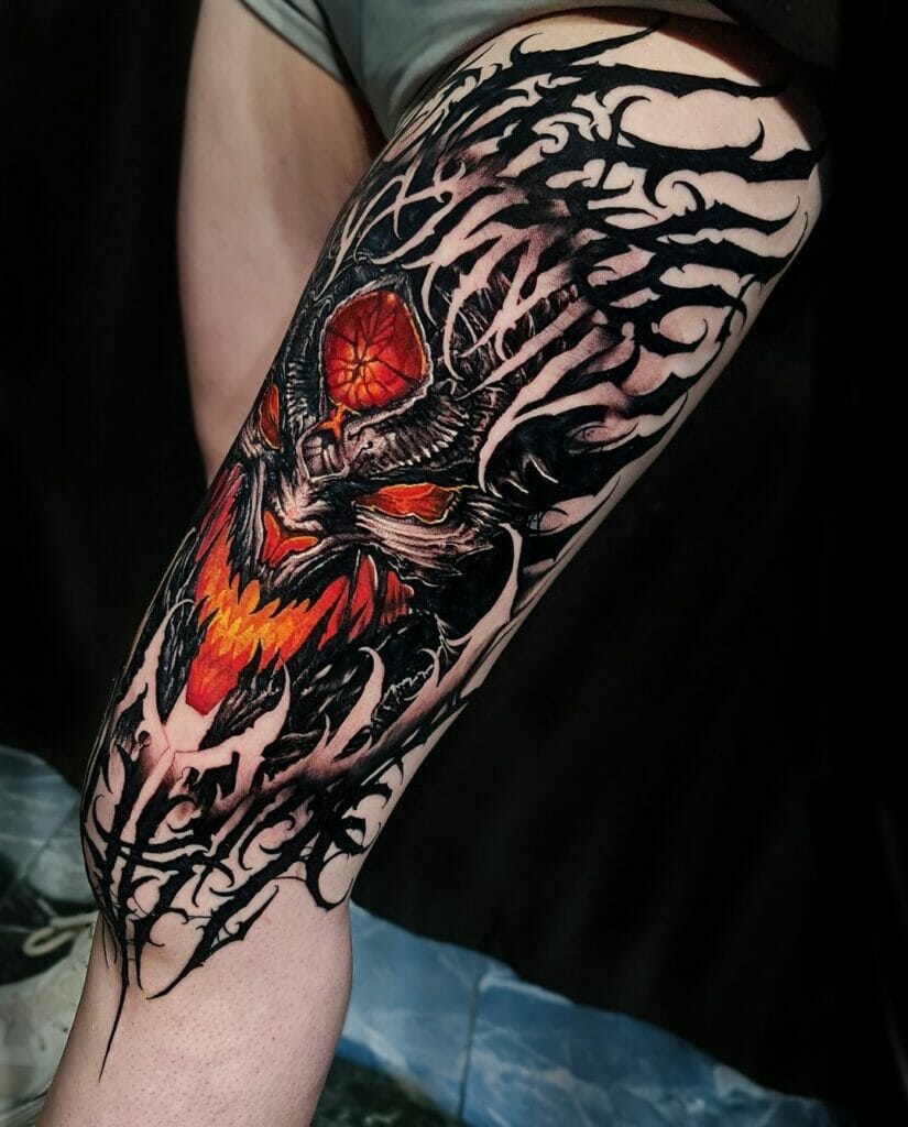 Amazing Monster Born In Fire Tattoo