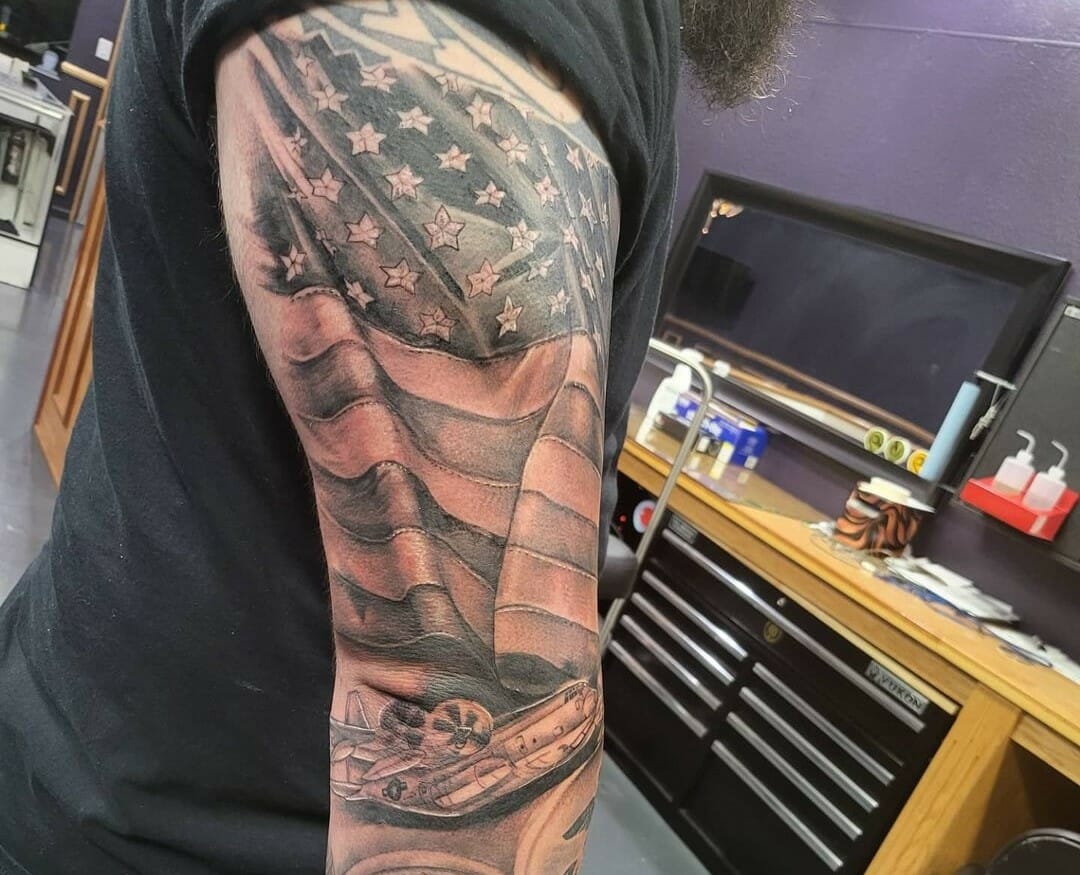 Couldnt resistAmerican flag half sleeve 25 complete Joshua Hernandez  3rd eye Tattoo Canyon Country CA  rtattoos