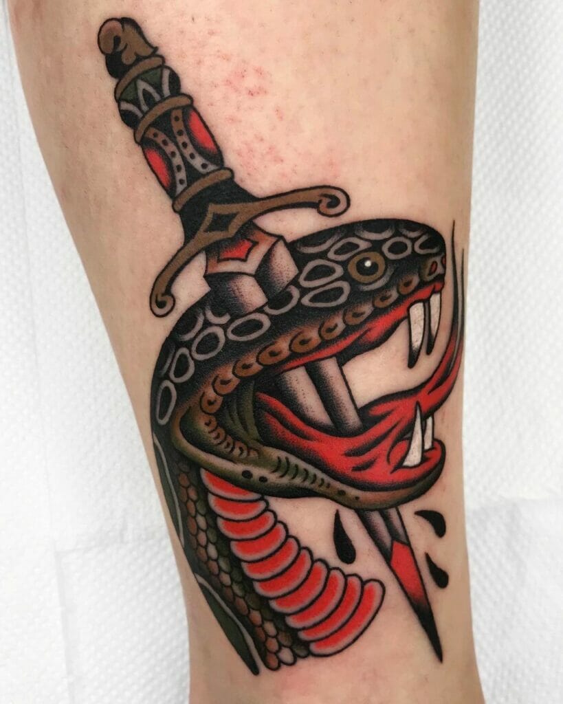 American Traditional Snake Head and Dagger Tattoo