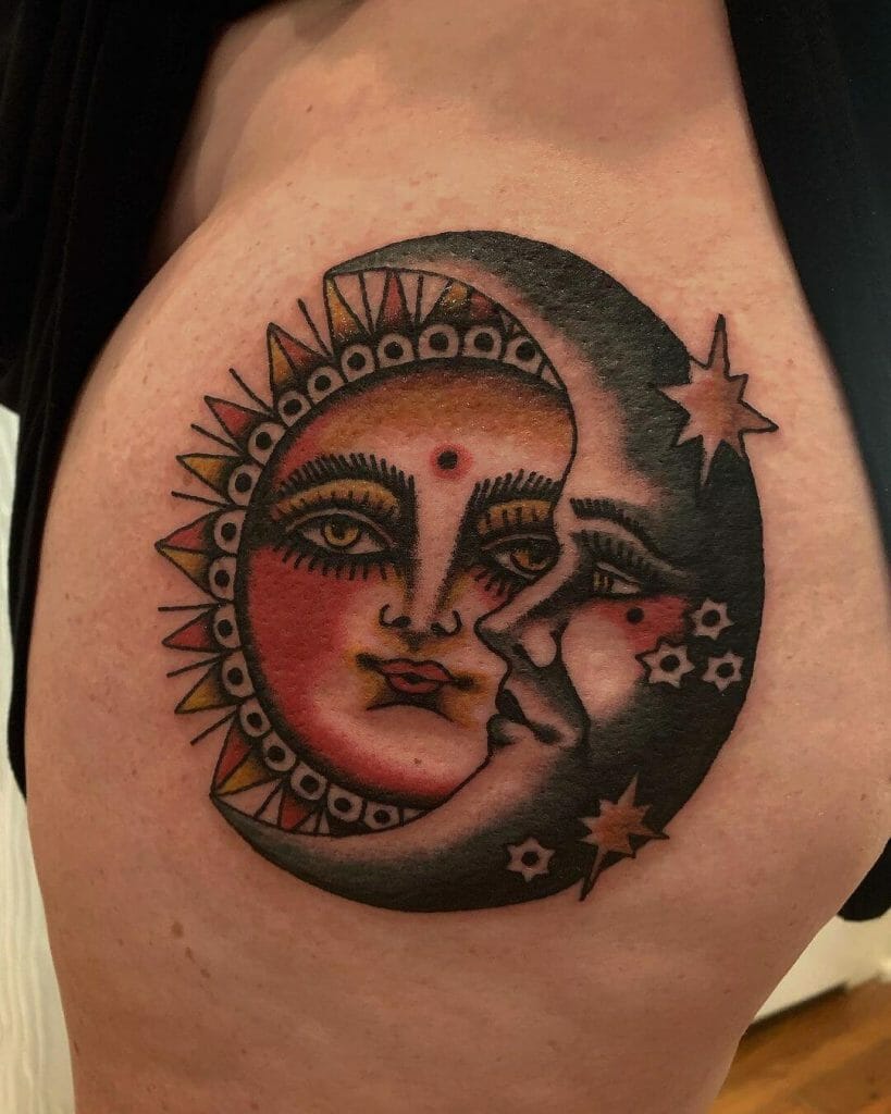 American Traditional Sun Tattoo with a Feminine Twist