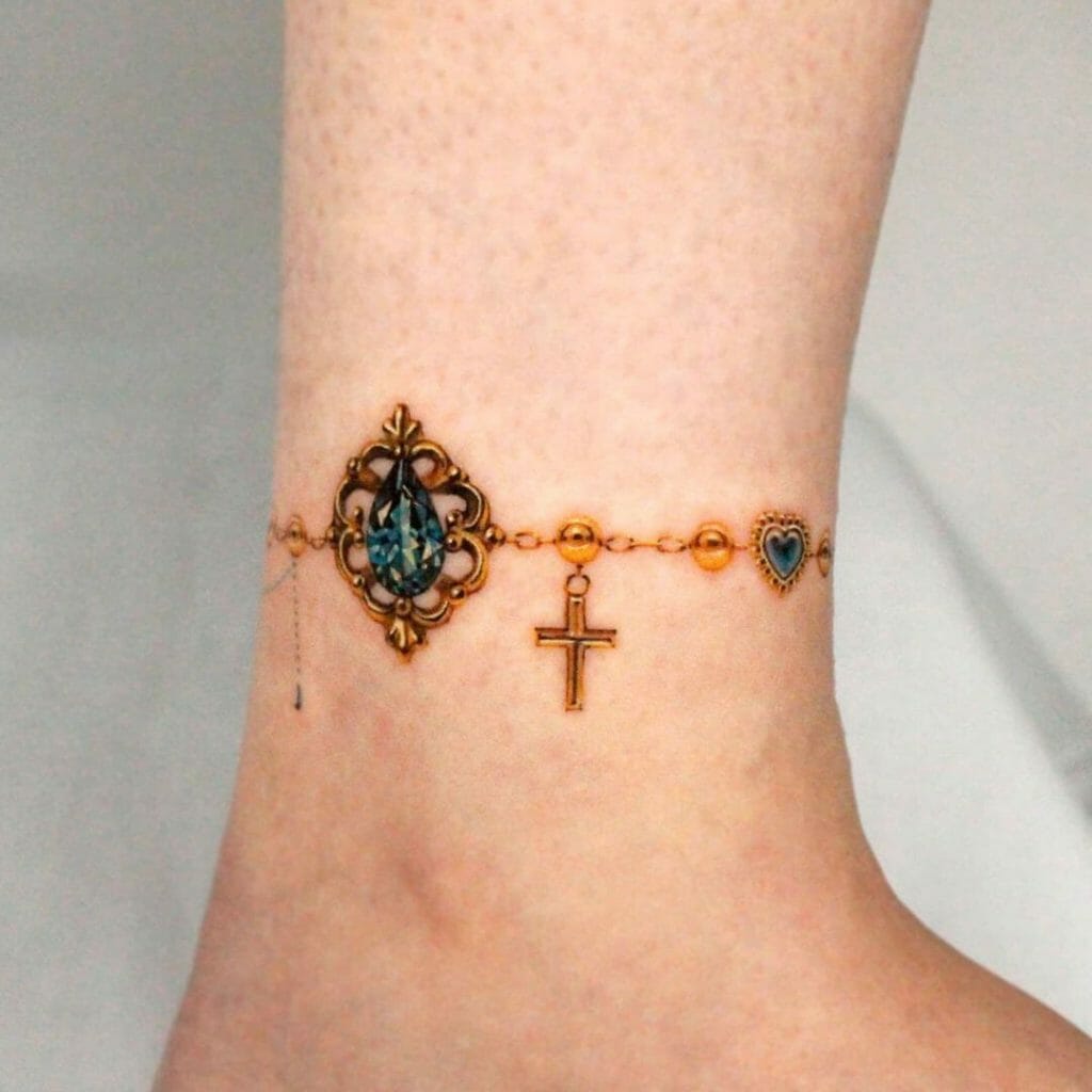 Ankle Rosary Cross Bracelet Tattoo