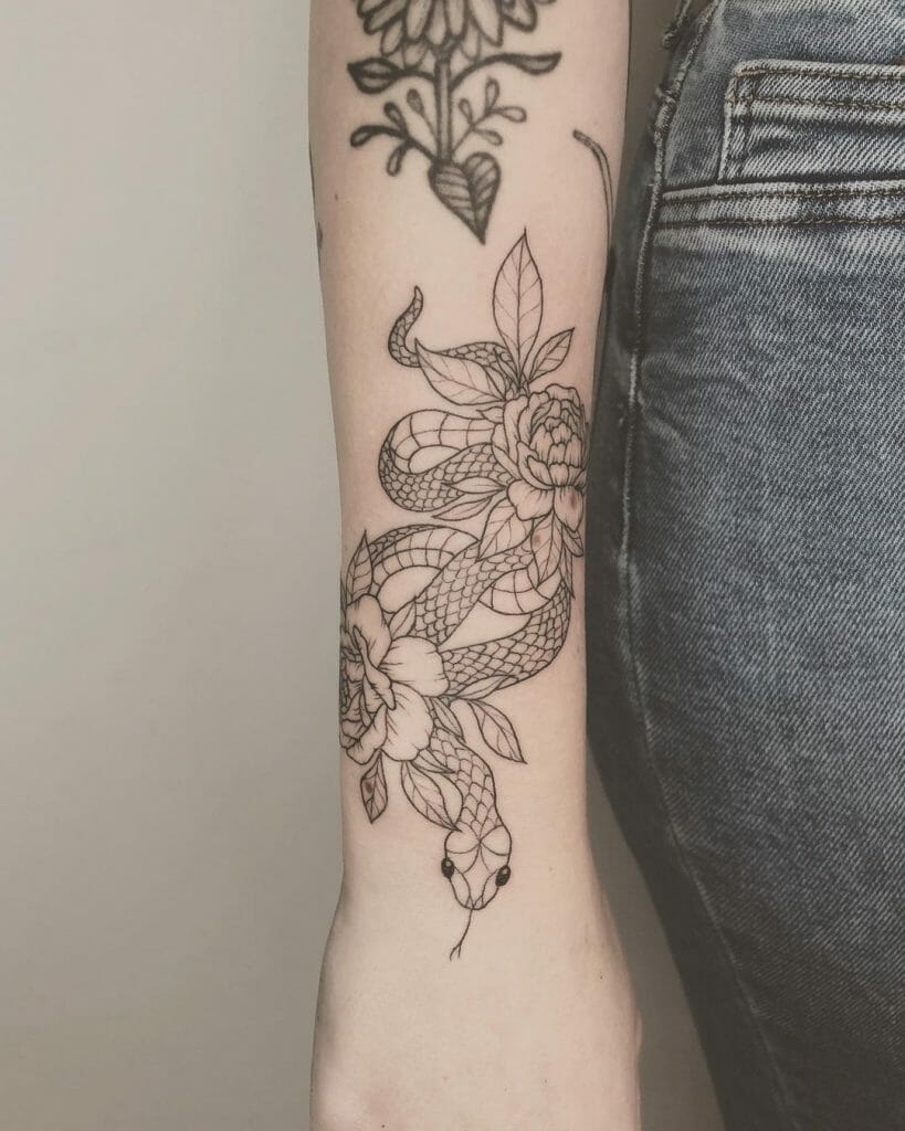 Arm Snake Tattoo With Peonies