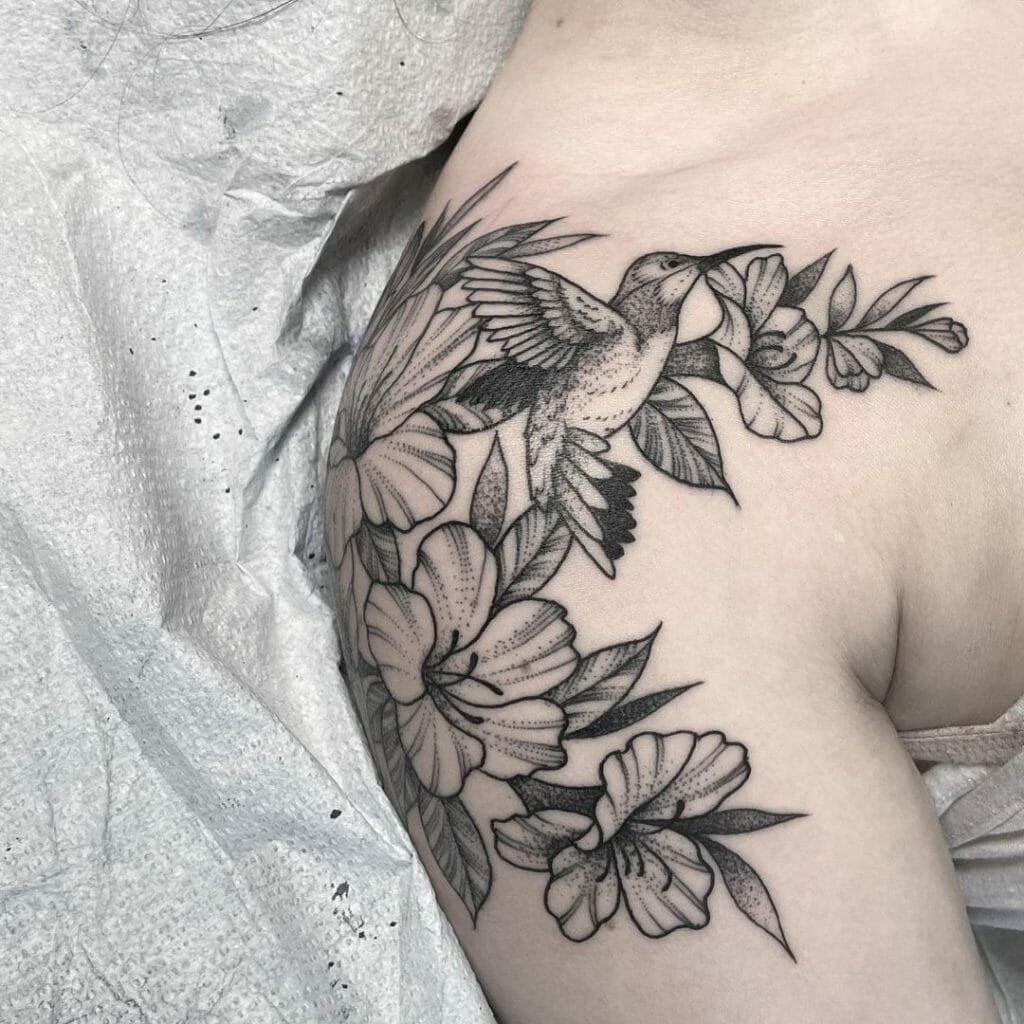 Azalea And Hummingbird Shoulder Tattoos