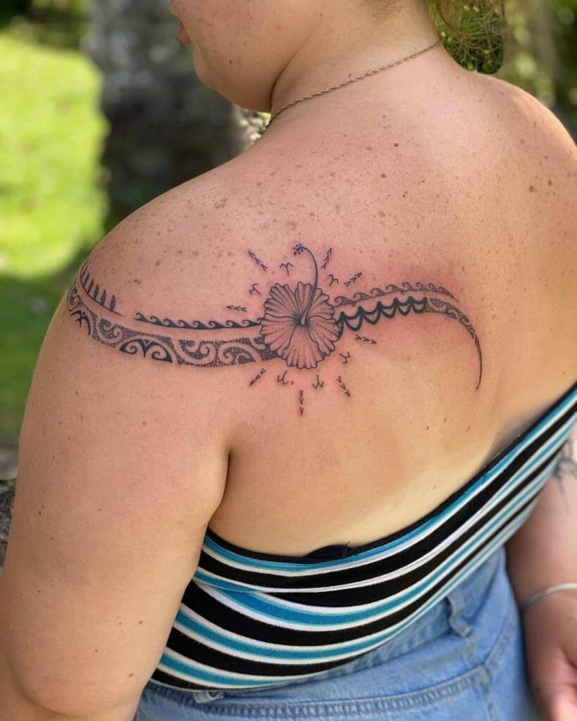 Back Flower Tribal Shoulder Tattoo