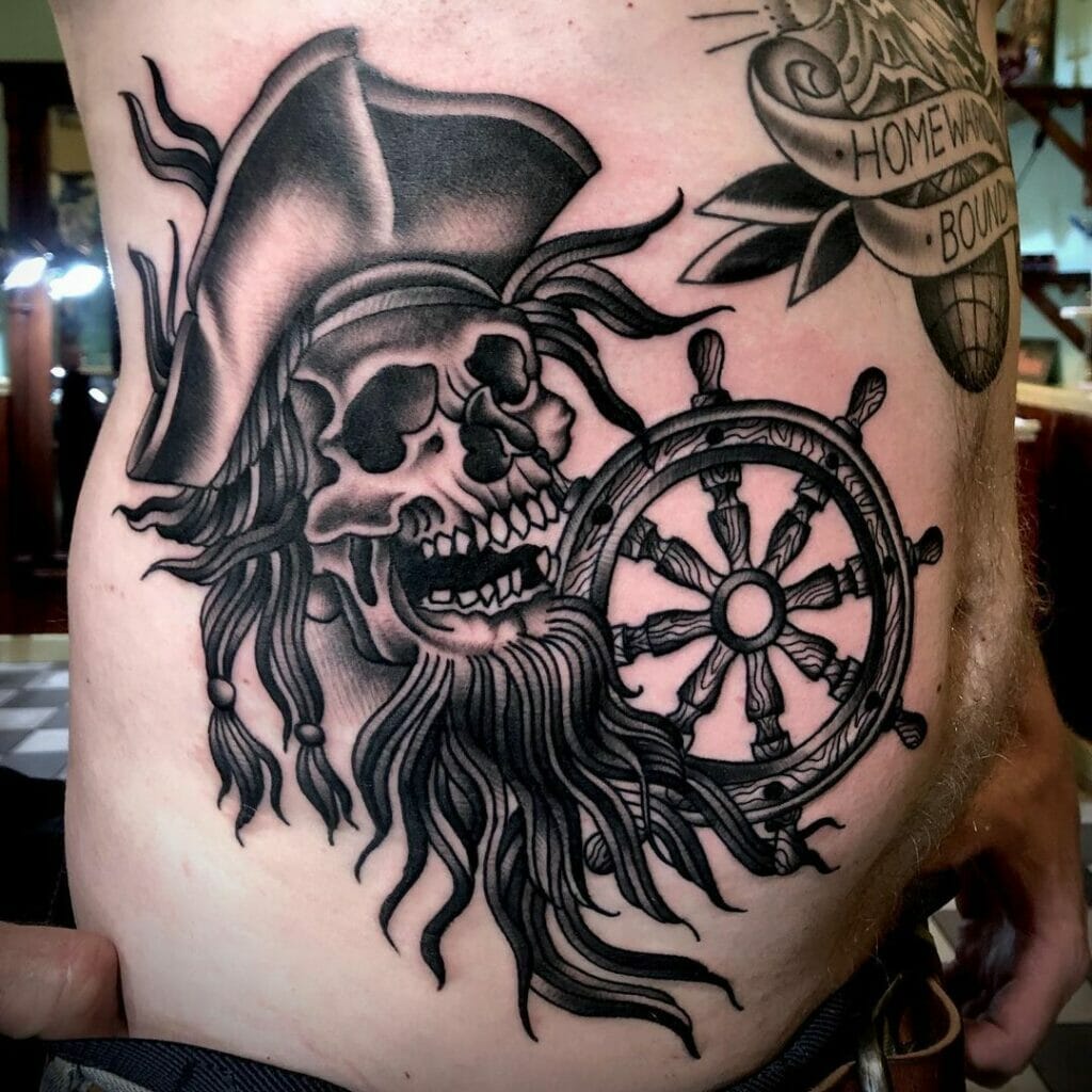 Bearded Pirate Skull With Steering Tattoo
