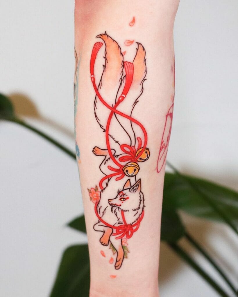 Beautiful Kitsune And Red Ribbon Tattoo Idea