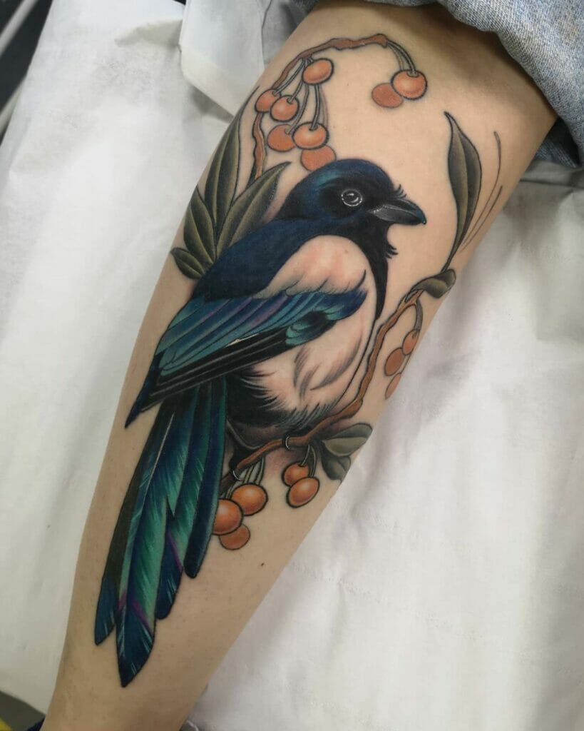 Beautiful Magpie And Firethorns Tattoo