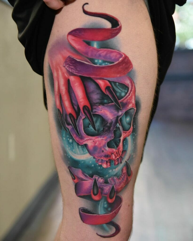 Beautiful Skull Artwork Thigh Tattoo