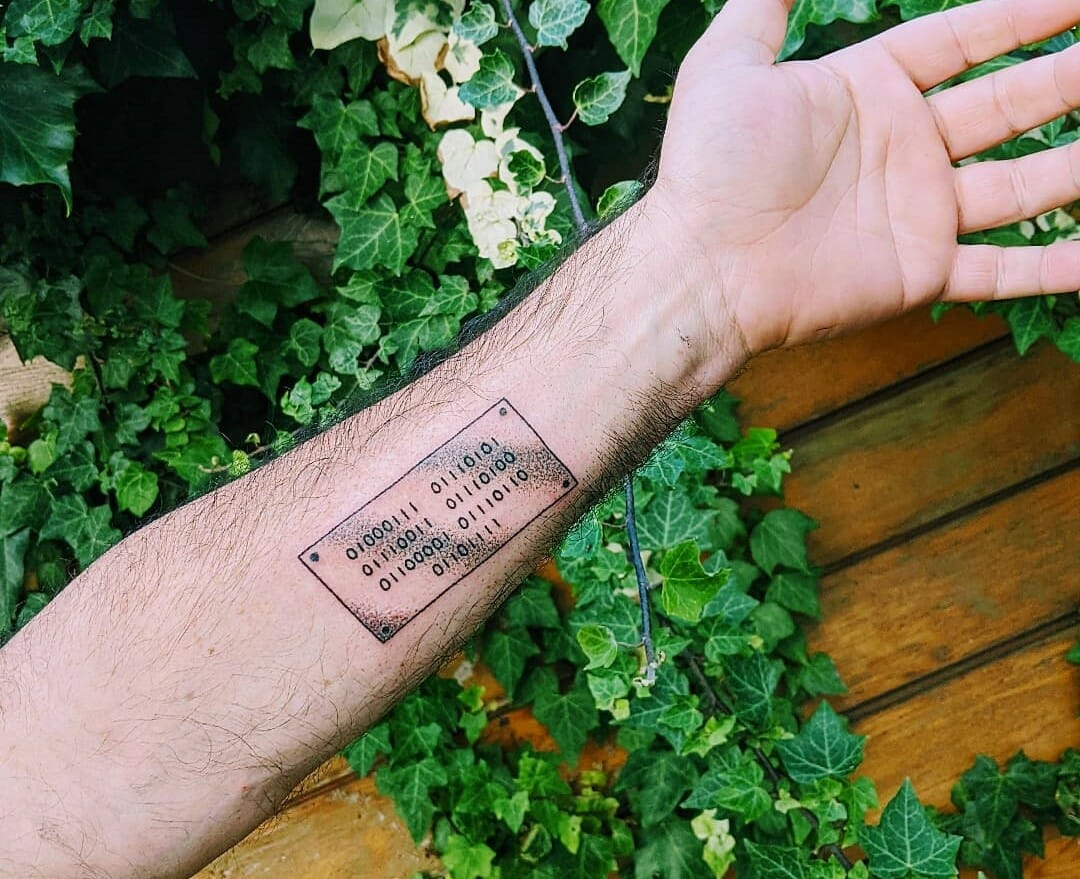 Flesh Tattoo Company - Forearm rose with binary code leaves by  @nickkaufmanart | Facebook