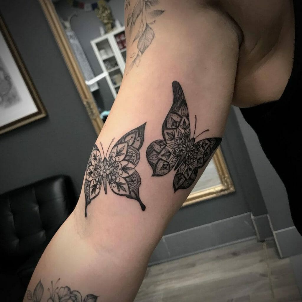 Black And Grey Butterfly Mandala Upper Arm Tattoo