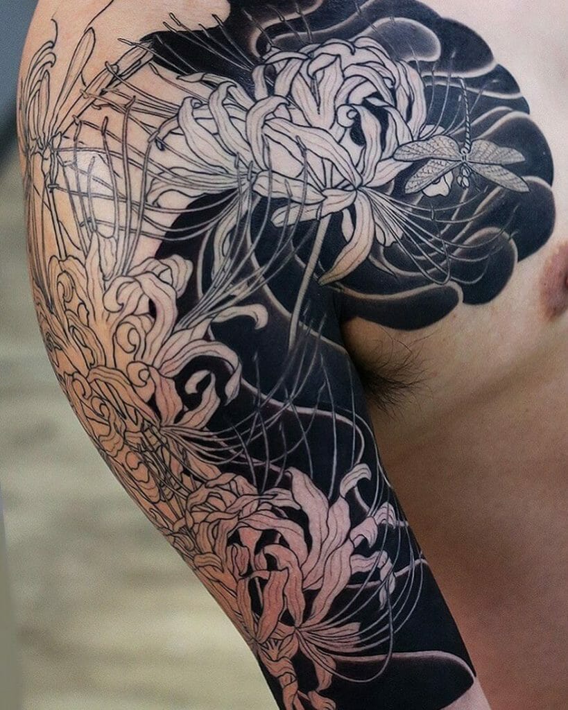 Black And Grey Spider Lily Flower Tattoo