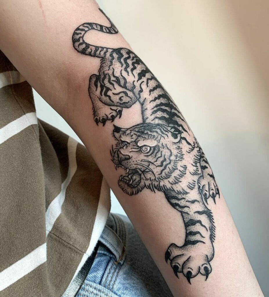 Black And Grey Traditional Tiger Tattoo