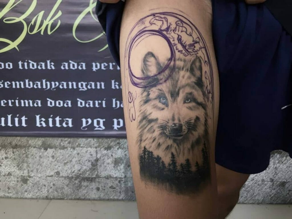 Black And Grey Wolf And Forest Tattoo