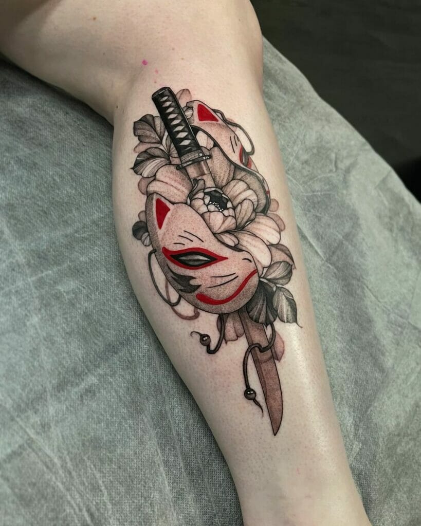 Black And Red Kitsune Mask Tattoo