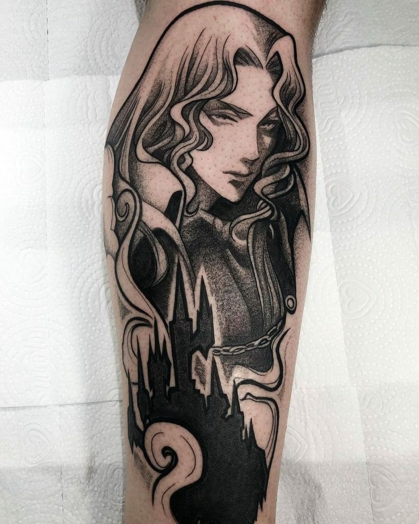 Black And White Alucard And Dracula Castle Tattoo