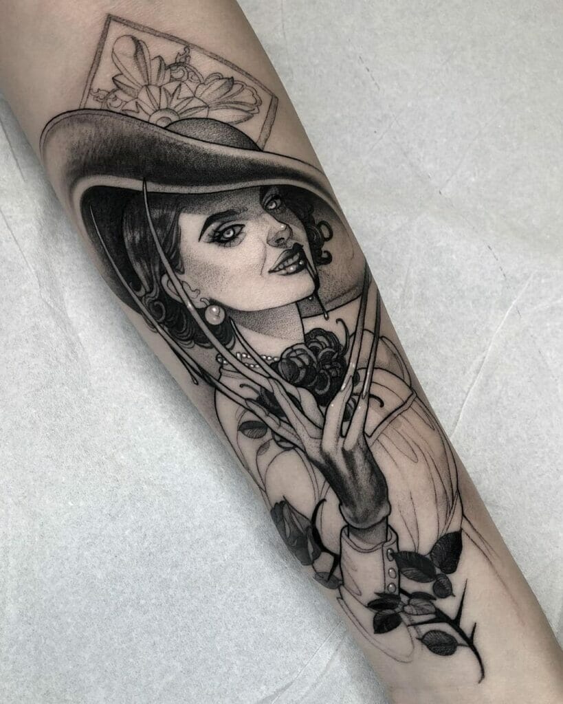 Black And White Lady Dimitrescu Tattoo